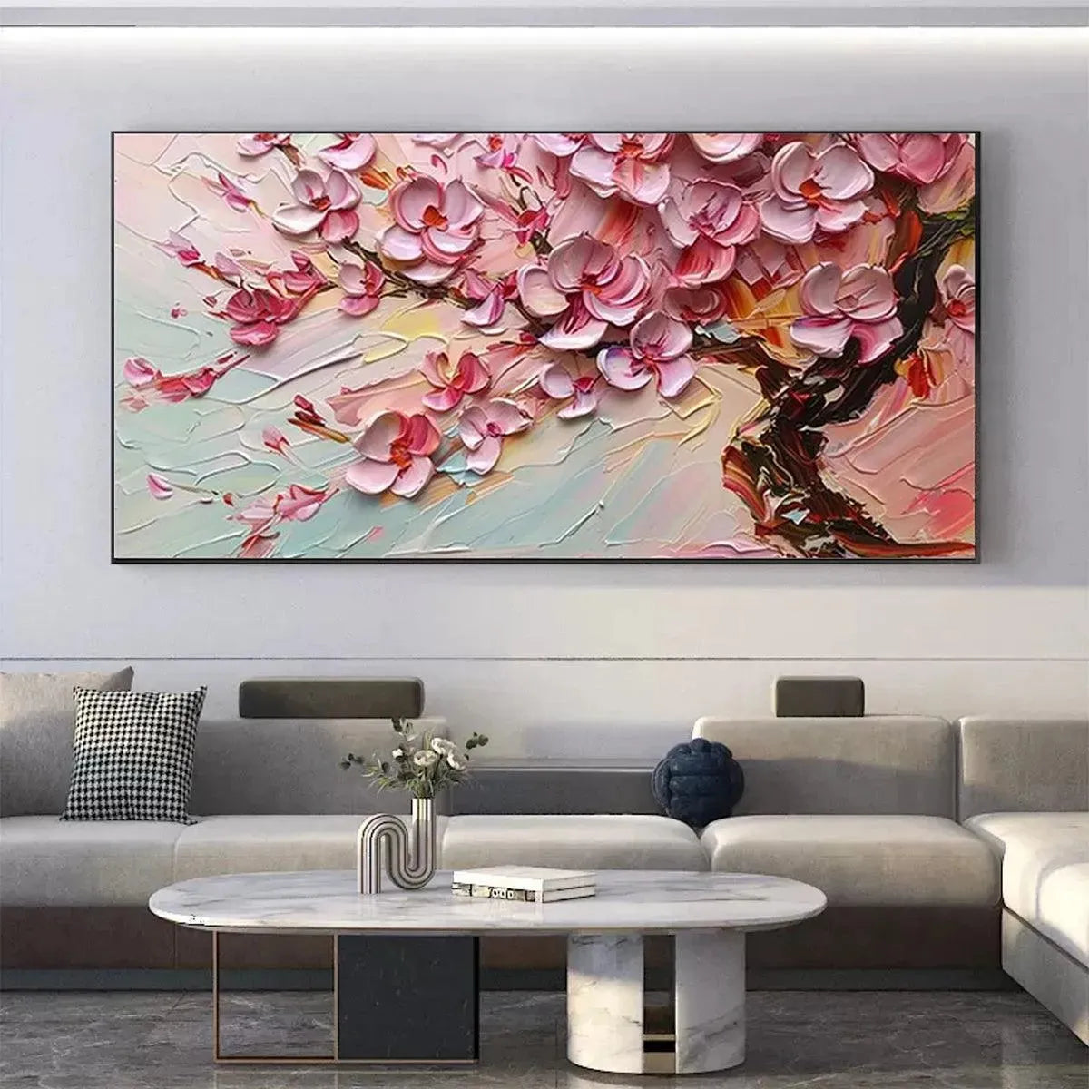 Cherry Blossom Dream painting, Elodie Dubois. Textured impasto cherry blossoms. Pink blossoms, romantic wall art.