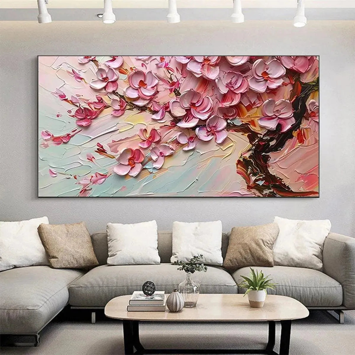 Cherry Blossom Dream painting, Elodie Dubois. Textured impasto cherry blossoms. Pink blossoms, romantic wall art.