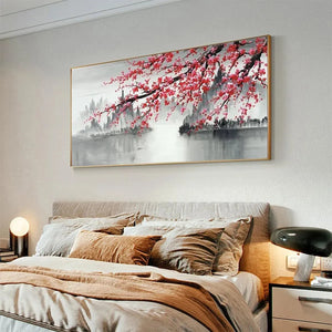 Horizontal Cherry Blossom Serenity painting by Chen Liu with pink blossoms over misty mountains and calm water.