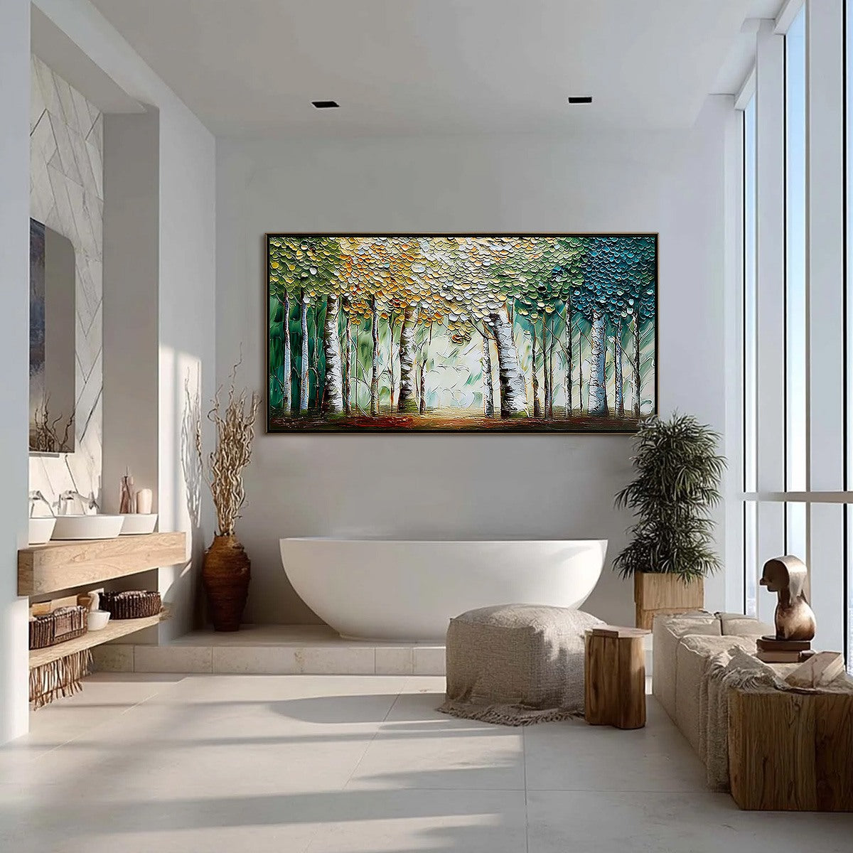 CHROMA GROVE: Panoramic Textured Impasto Birch Tree Forest Painting