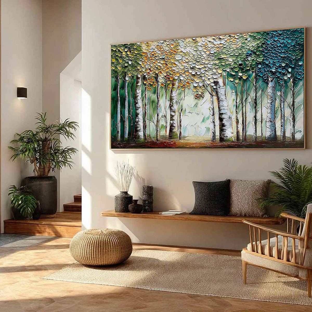 CHROMA GROVE: Panoramic Textured Impasto Birch Tree Forest Painting