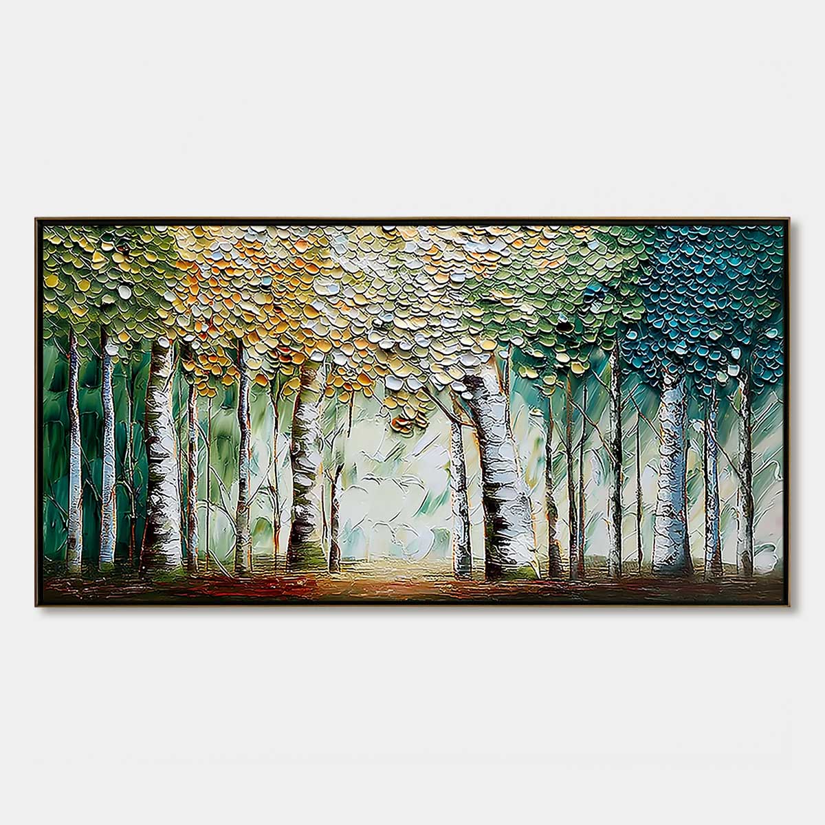 CHROMA GROVE: Panoramic Textured Impasto Birch Tree Forest Painting