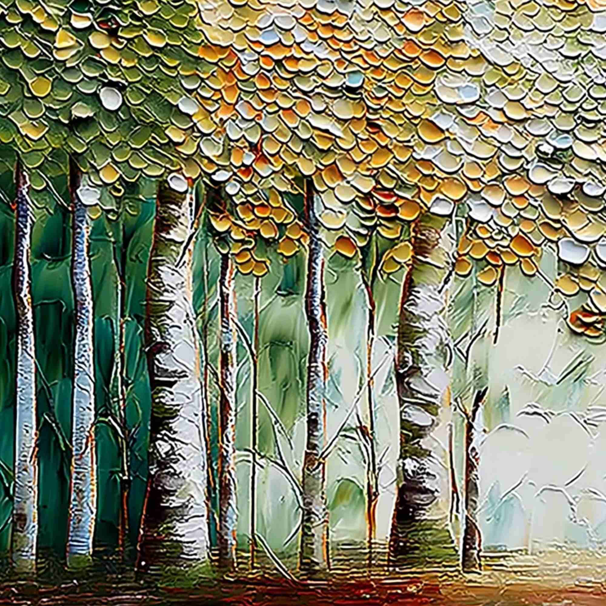 CHROMA GROVE: Panoramic Textured Impasto Birch Tree Forest Painting