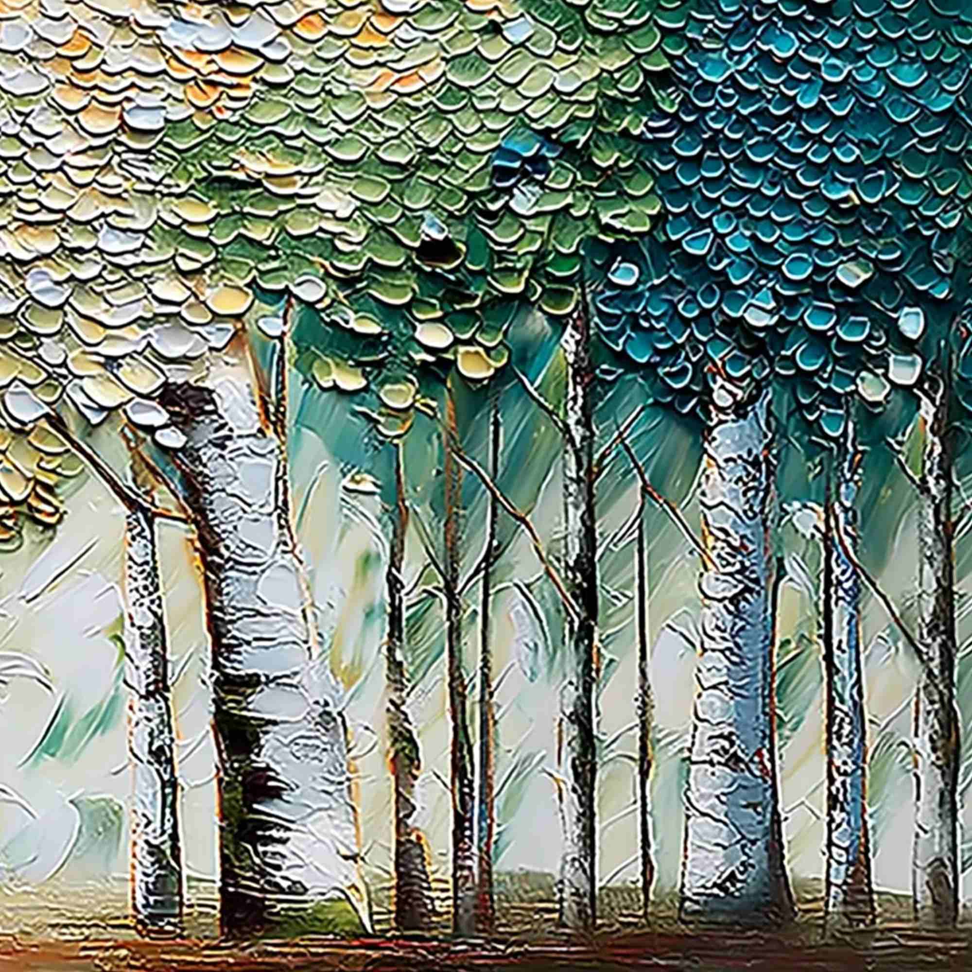 CHROMA GROVE: Panoramic Textured Impasto Birch Tree Forest Painting