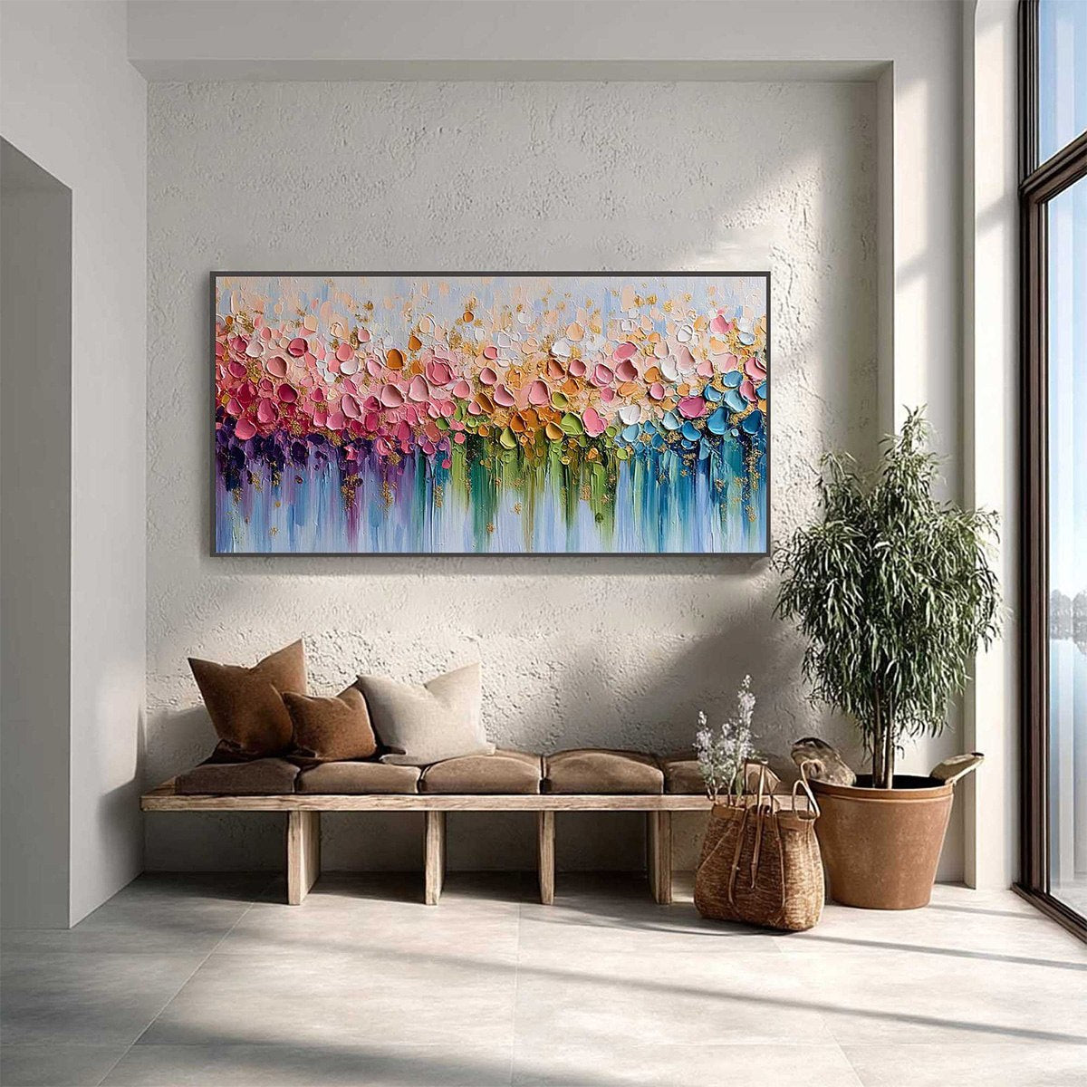 Chromatic Bloom: Abstract Floral Impasto Oil Painting – MontCarta