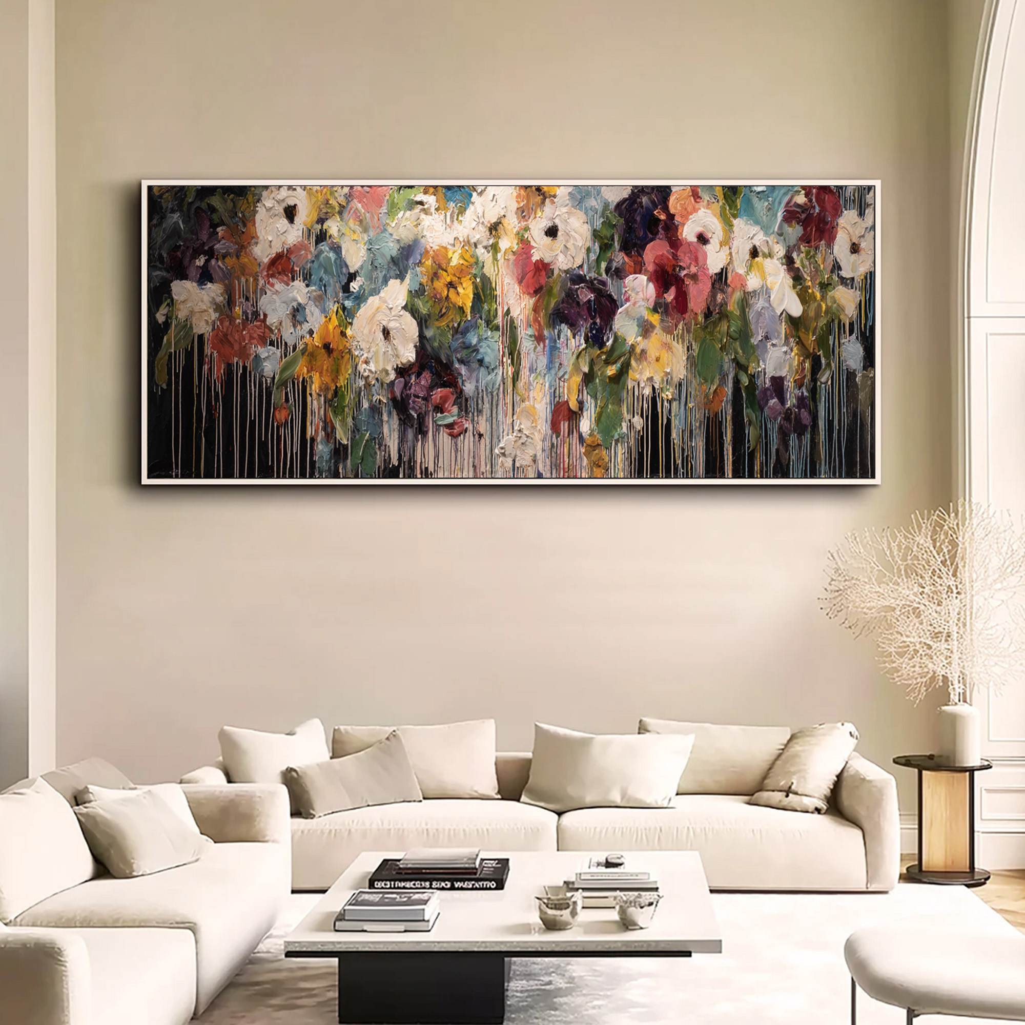 CHROMATIC CASCADE: Colorful Abstract Floral Painting with Heavy Texture and Drips