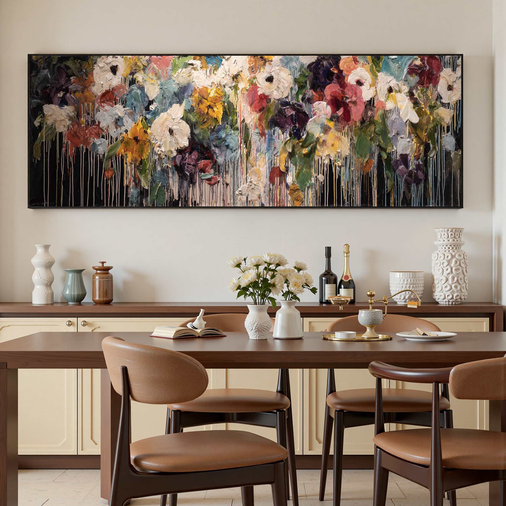 CHROMATIC CASCADE: Colorful Abstract Floral Painting with Heavy Texture and Drips