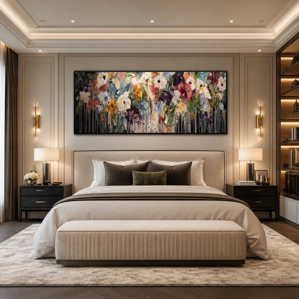 Colorful abstract floral wall art in a luxury bedroom, textured oil painting with drips