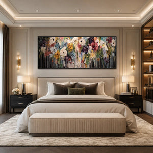 Colorful abstract floral wall art in a luxury bedroom, textured oil painting with drips