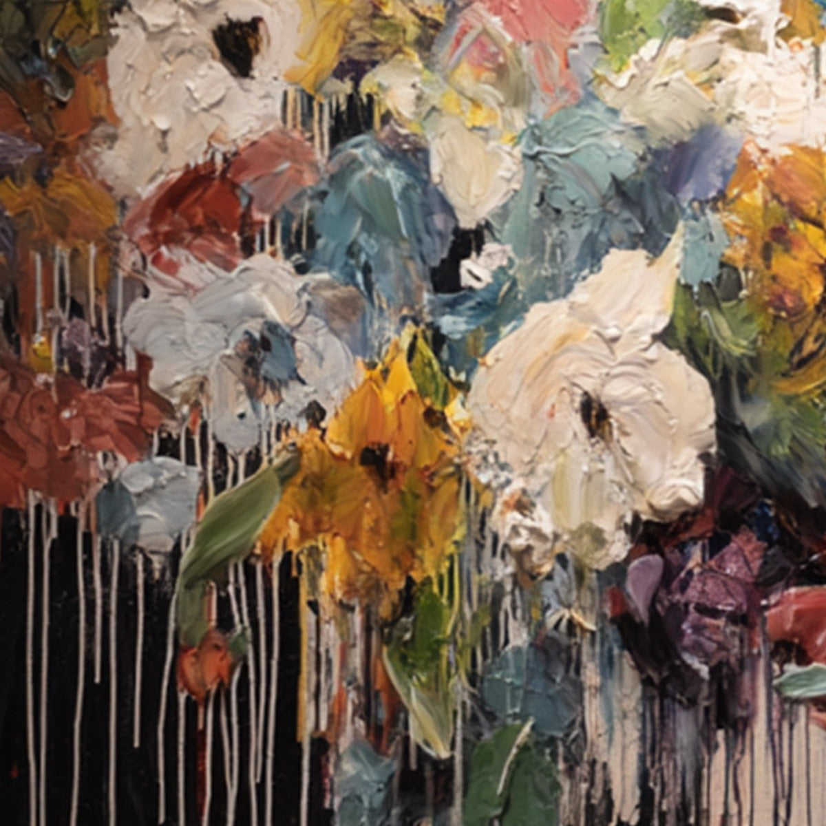 CHROMATIC CASCADE: Colorful Abstract Floral Painting with Heavy Texture and Drips