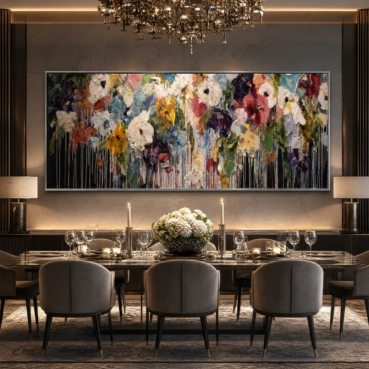 Colorful abstract floral oil painting with heavy texture and drips above a luxury dining table