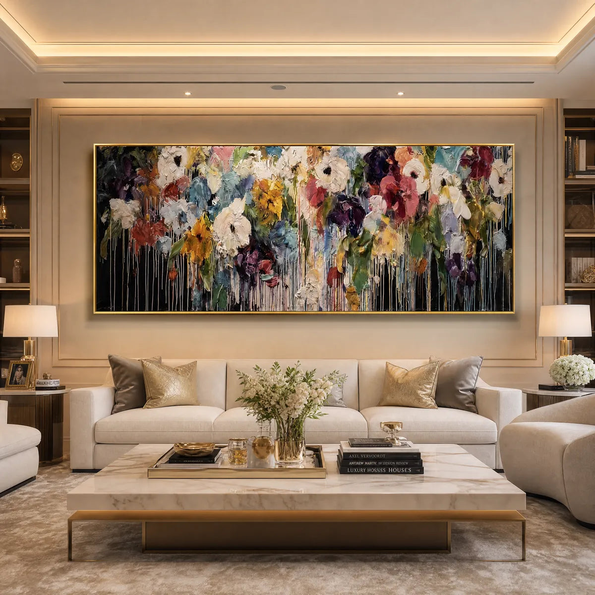 Colorful abstract floral oil painting with heavy texture and drips in a luxury living room