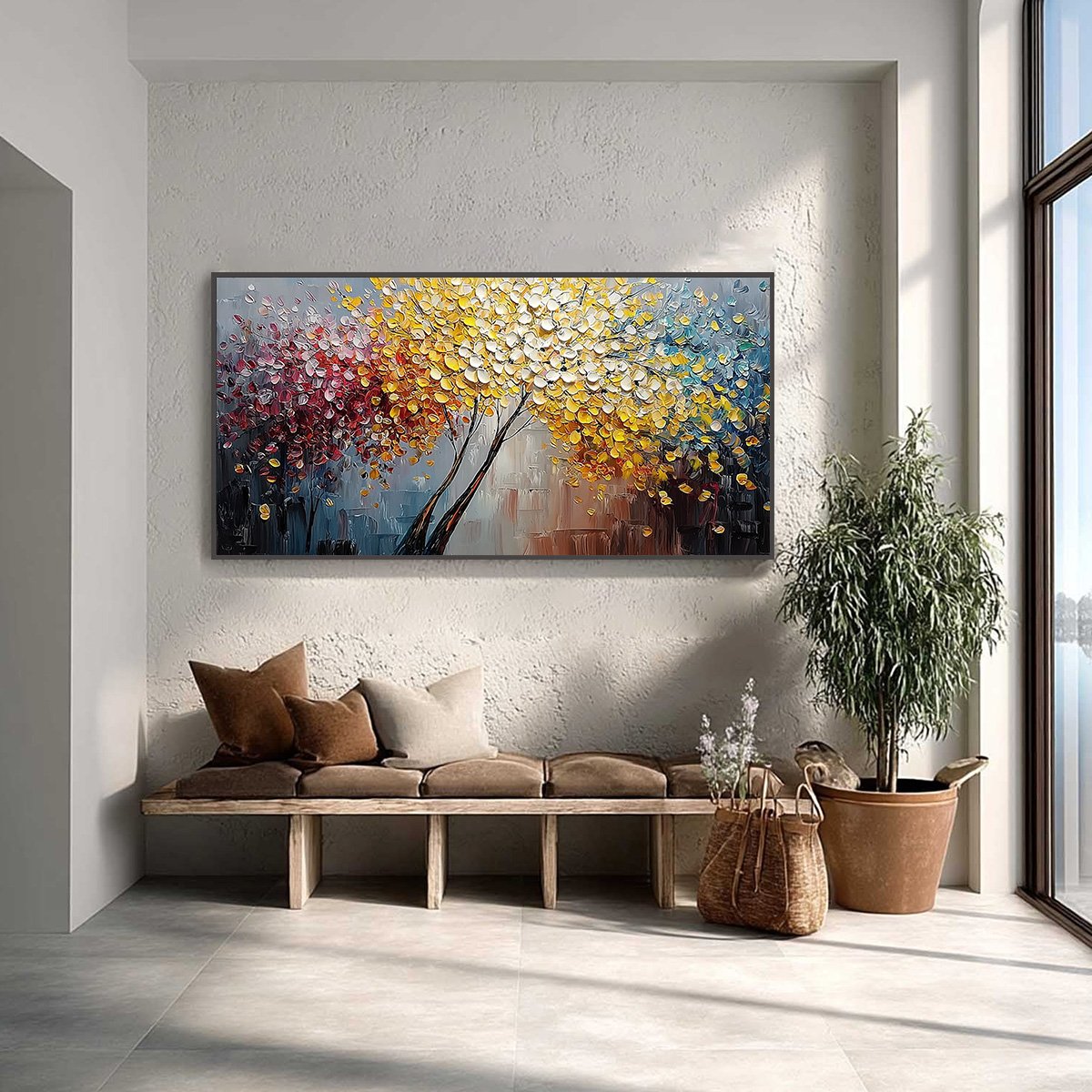 CHROMATIC EMBRACE: Textured Palette Knife Tree Painting, Colorful Impasto Wall Art
