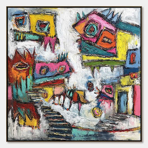 CHROMATIC RIOT: Large Colorful Textured Abstract Cityscape Painting