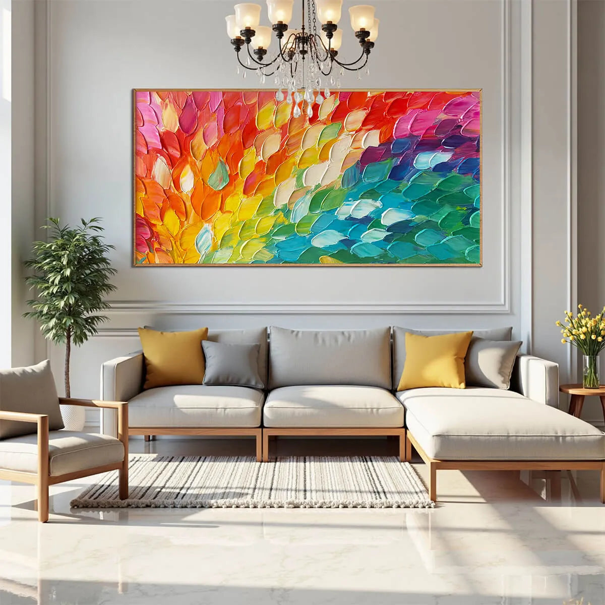 Chroma Wave: Textured Abstract Rainbow Oil Painting Canvas Wall Art Decor