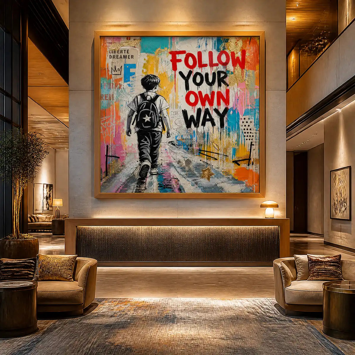 Colorful urban pop art painting with boy and bold text ‘FOLLOW YOUR OWN WAY’ in a wood frame displayed in a luxury hotel lobby.