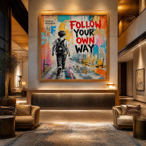 Colorful urban pop art painting with boy and bold text ‘FOLLOW YOUR OWN WAY’ in a wood frame displayed in a luxury hotel lobby.
