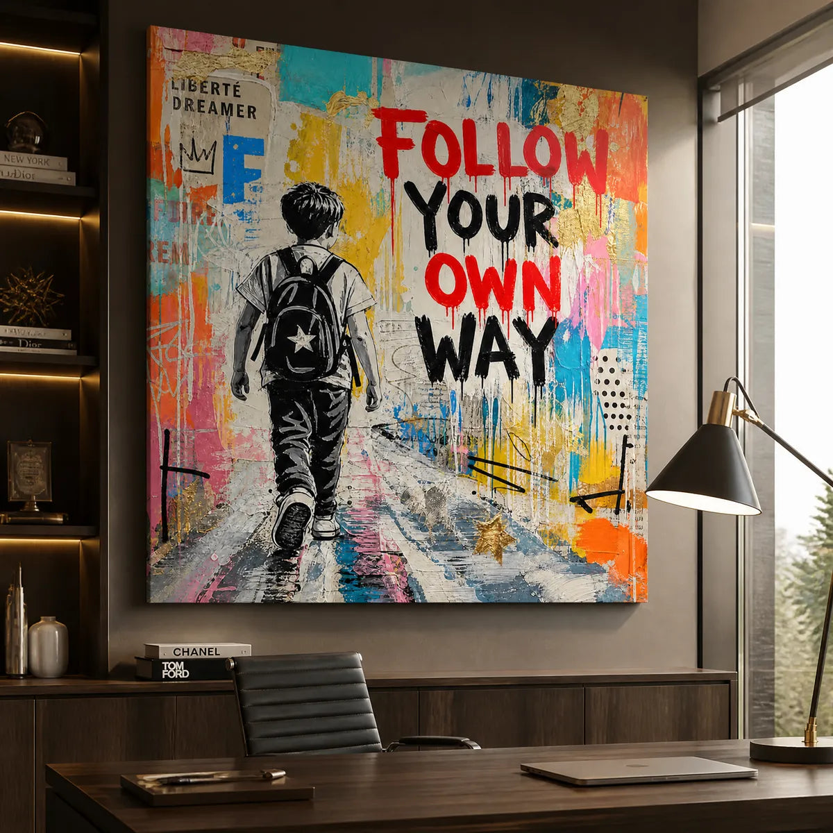 Colorful urban pop art painting with boy and text 'FOLLOW YOUR OWN WAY' in modern office.