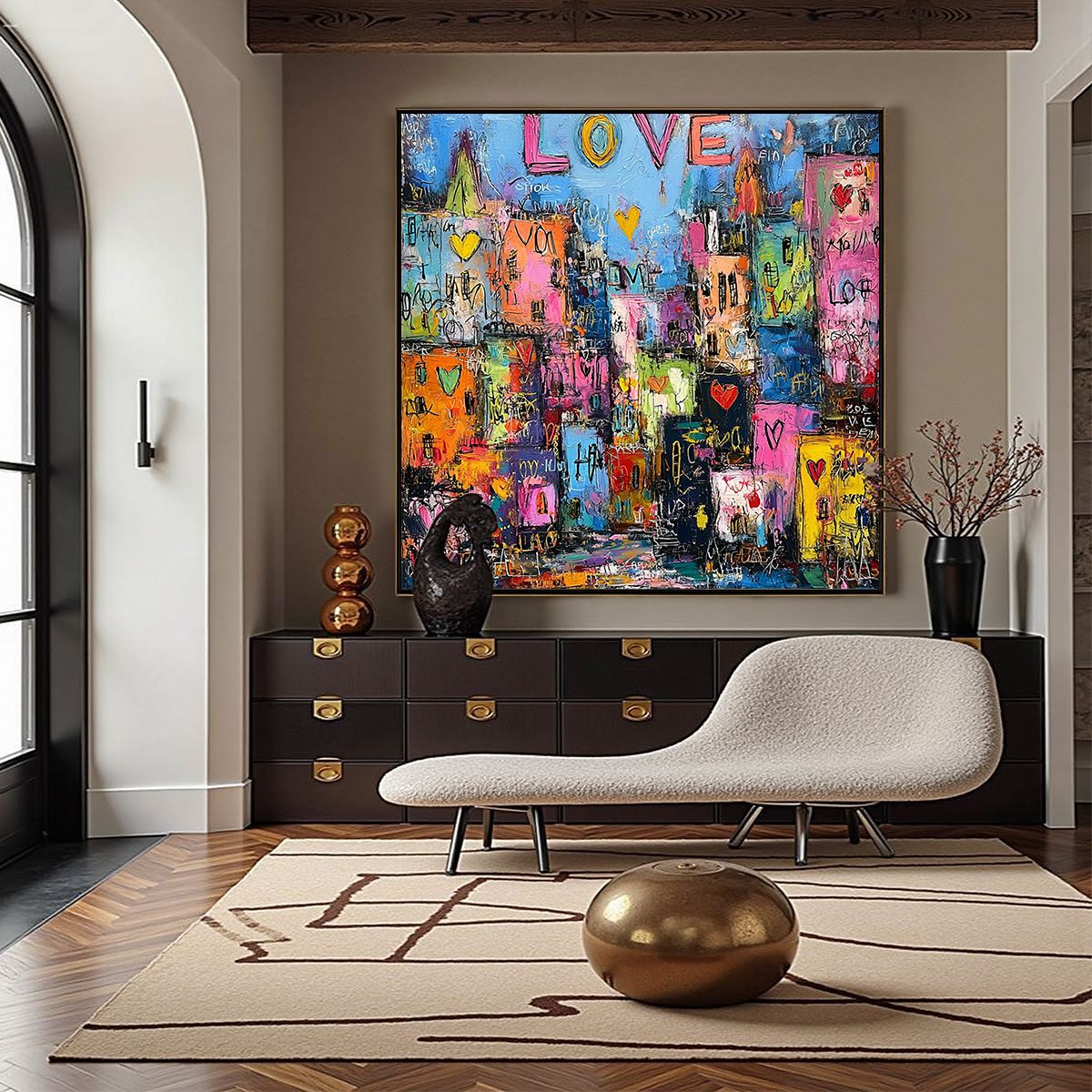 CITY OF LOVE: Vibrant Textured Abstract Cityscape 'Love' Painting