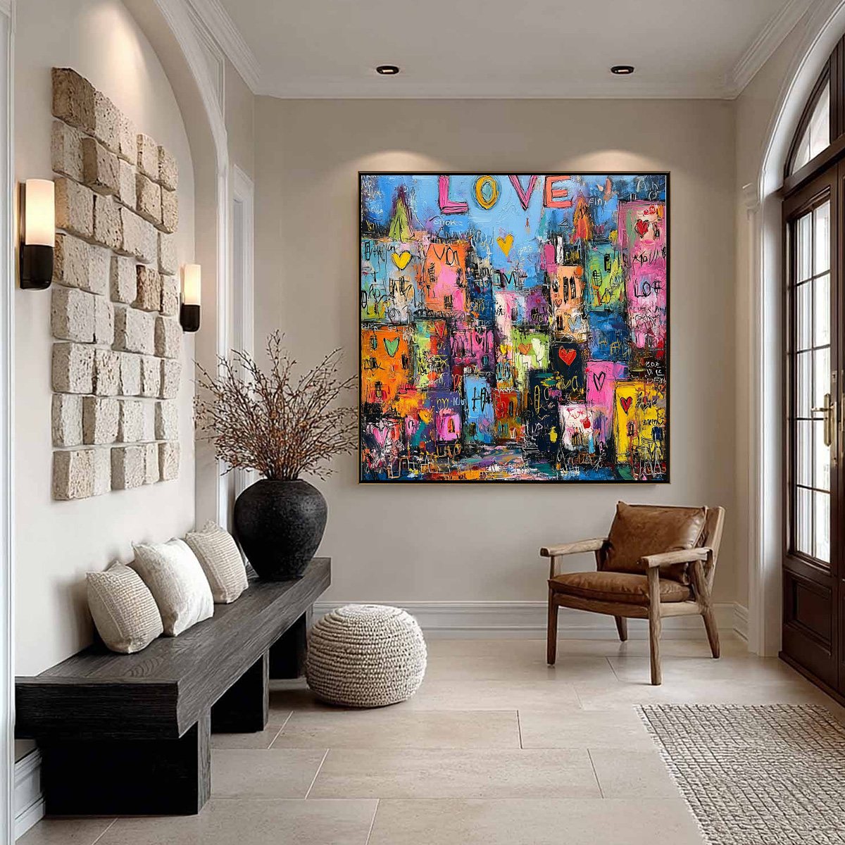 CITY OF LOVE: Vibrant Textured Abstract Cityscape 'Love' Painting