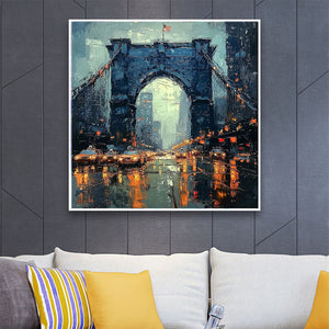 City Lights: Original Impressionistic Cityscape Bridge Oil Painting - Urban Wall Art Decor