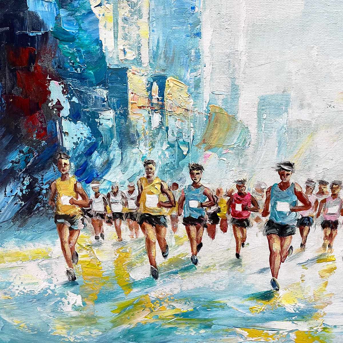 CITY STRIDE: Textured Urban Marathon Scene Oil Painting
