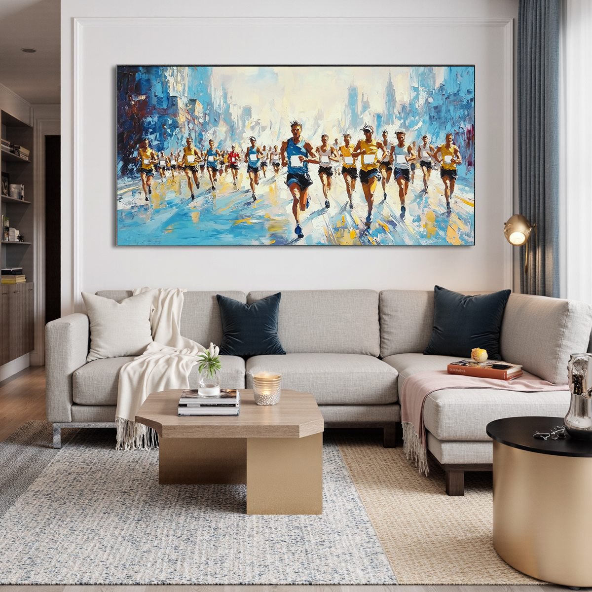City Stride: Original Urban Marathon Scene Oil Painting - Dynamic Cityscape Wall Art
