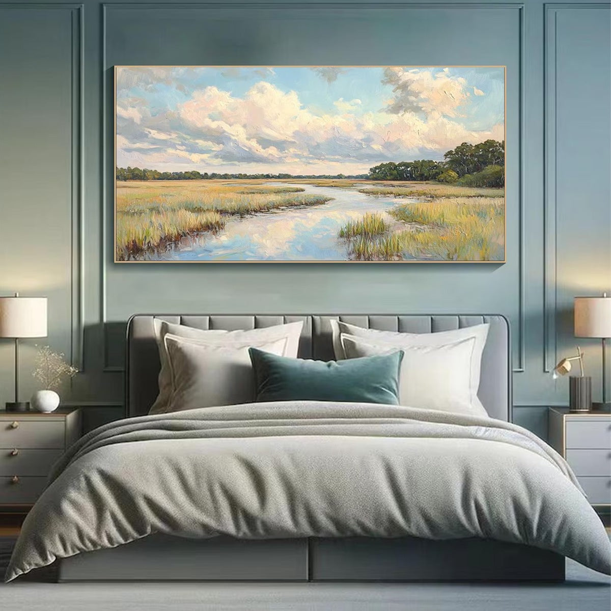 CLOUDBREAK MARSH: Serene River Marsh Landscape Painting