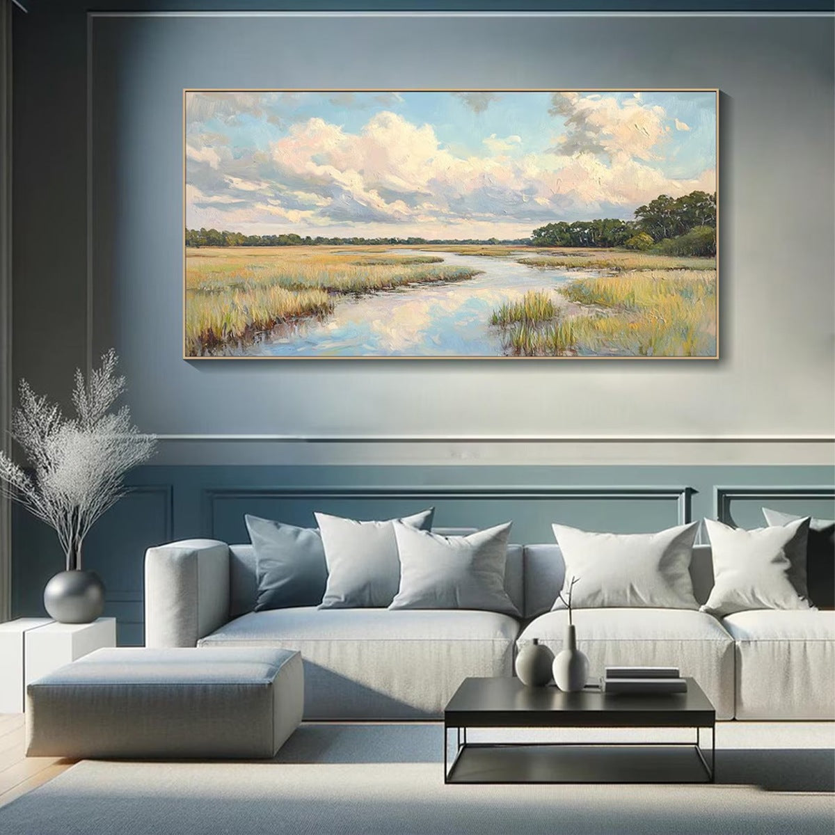 CLOUDBREAK MARSH: Serene River Marsh Landscape Painting