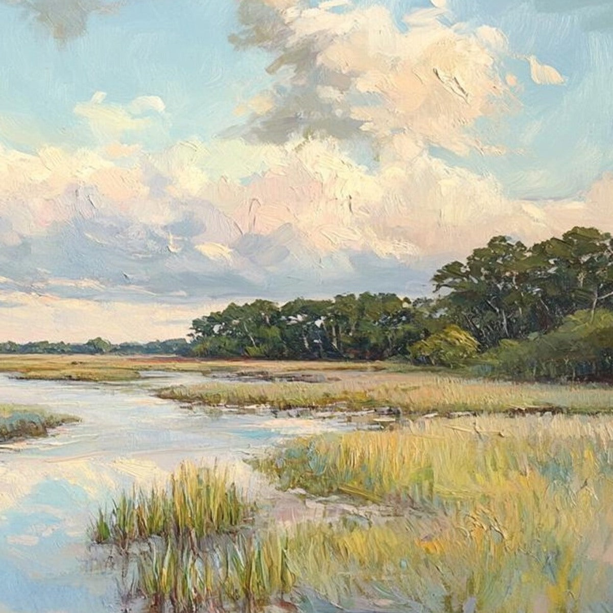 CLOUDBREAK MARSH: Serene River Marsh Landscape Painting
