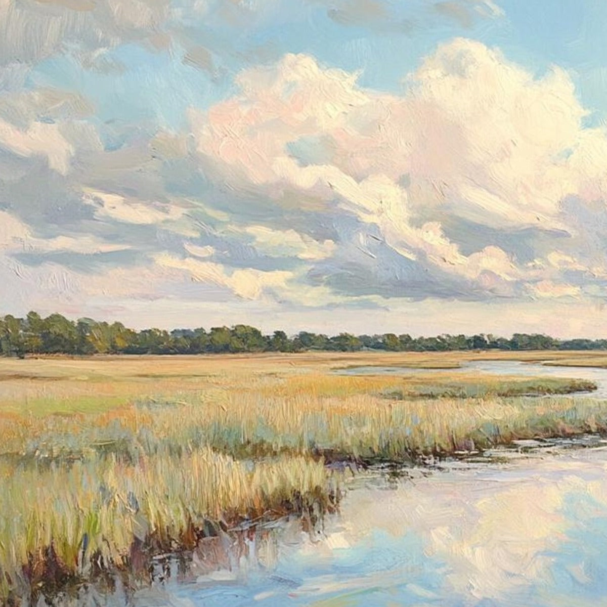 CLOUDBREAK MARSH: Serene River Marsh Landscape Painting