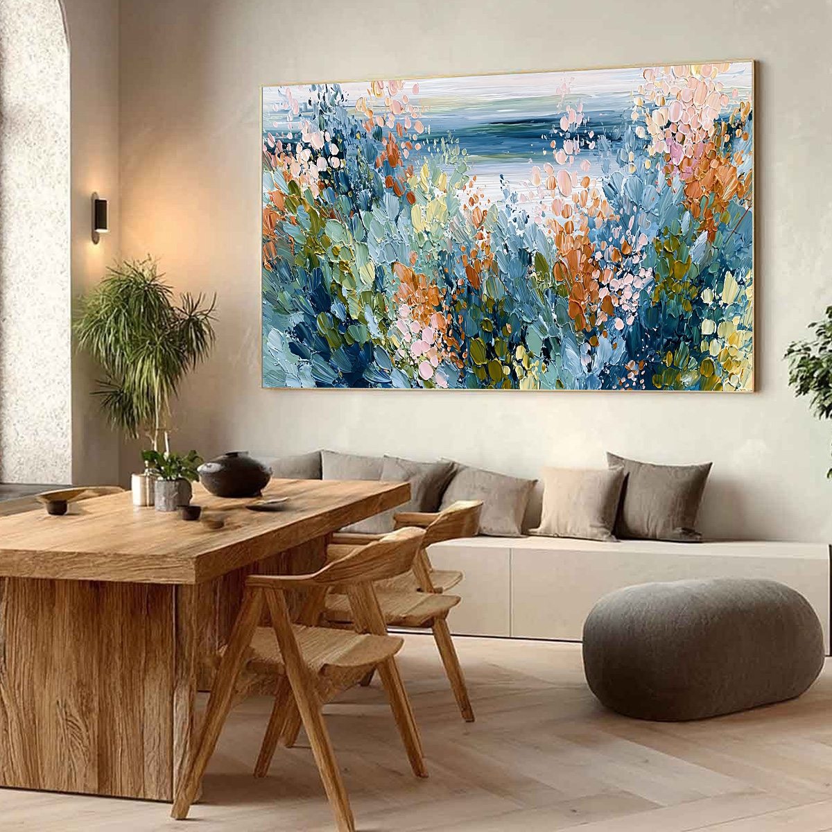 COASTAL BLOOM: Textured Abstract Floral Seascape Oil Painting