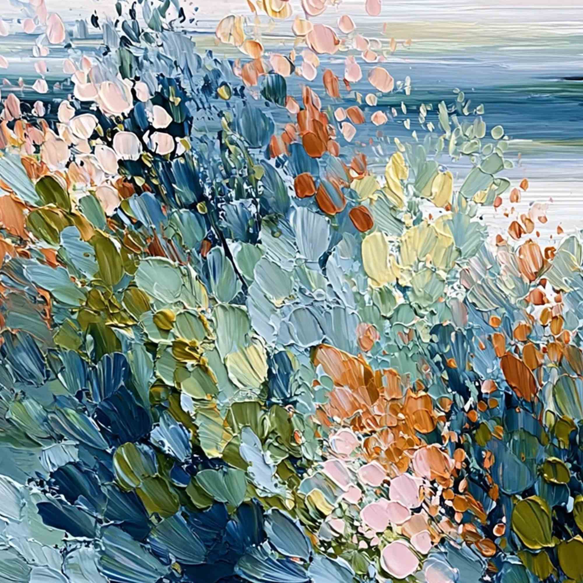 COASTAL BLOOM: Textured Abstract Floral Seascape Oil Painting