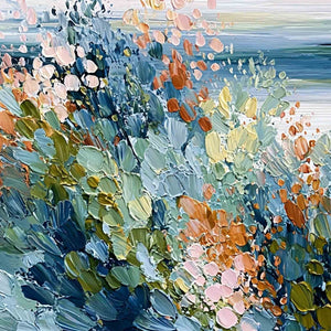 COASTAL BLOOM: Textured Abstract Floral Seascape Oil Painting