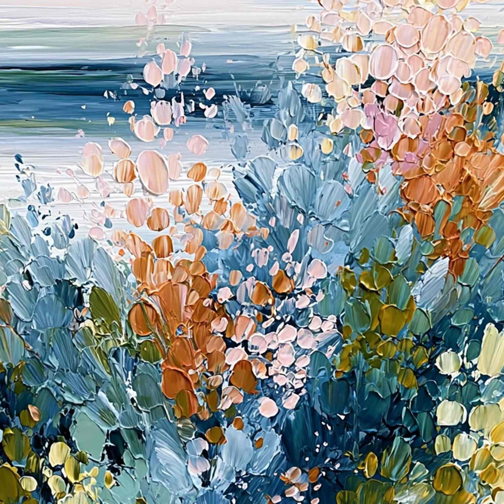 COASTAL BLOOM: Textured Abstract Floral Seascape Oil Painting