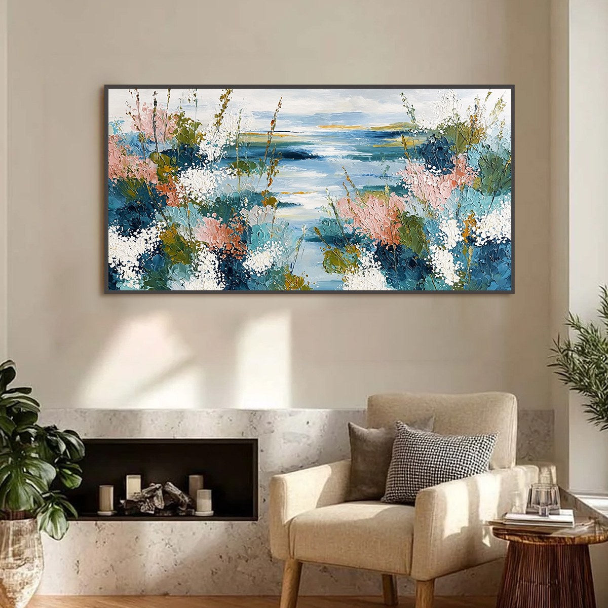 COASTAL BLOOM: Textured Impasto Painting of a Floral Coastline