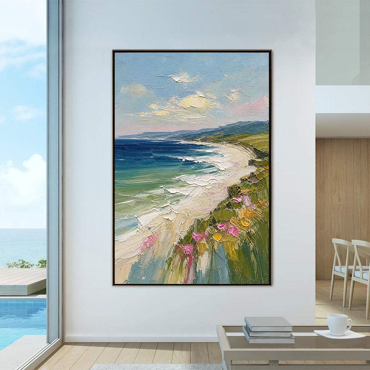 COASTAL BLOOM: Vertical Textured Seascape Painting of a Blooming Coast