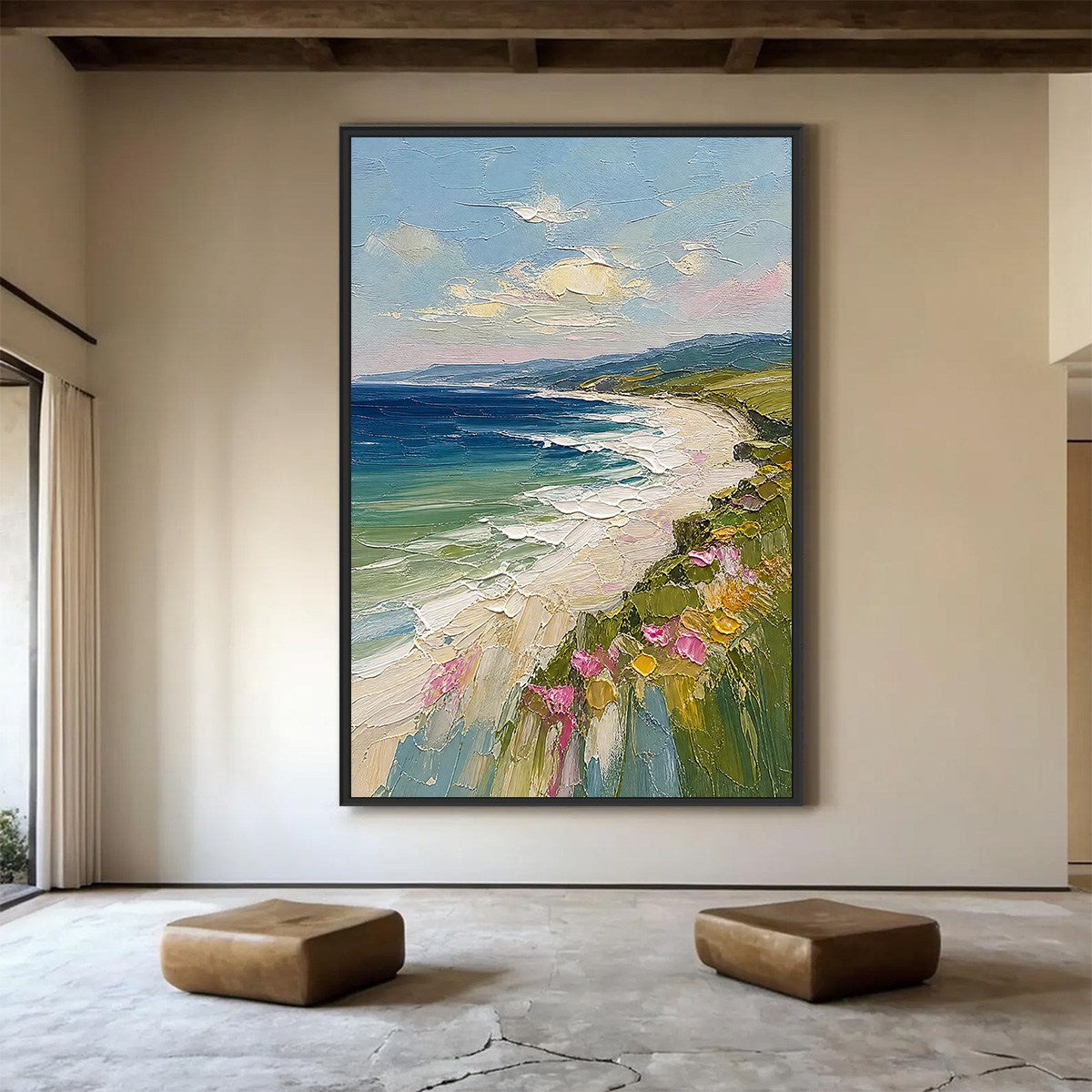 COASTAL BLOOM: Vertical Textured Seascape Painting of a Blooming Coast