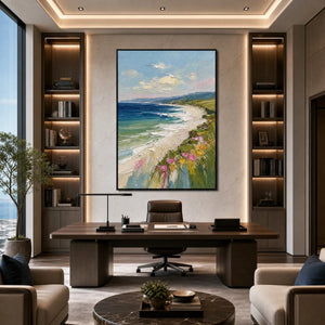 Vertical impasto seascape painting with blooming coastline above modern office desk