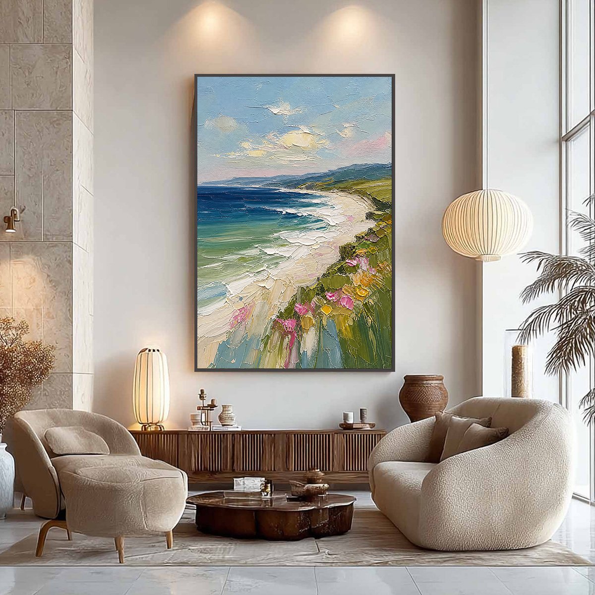 COASTAL BLOOM: Vertical Textured Seascape Painting of a Blooming Coast