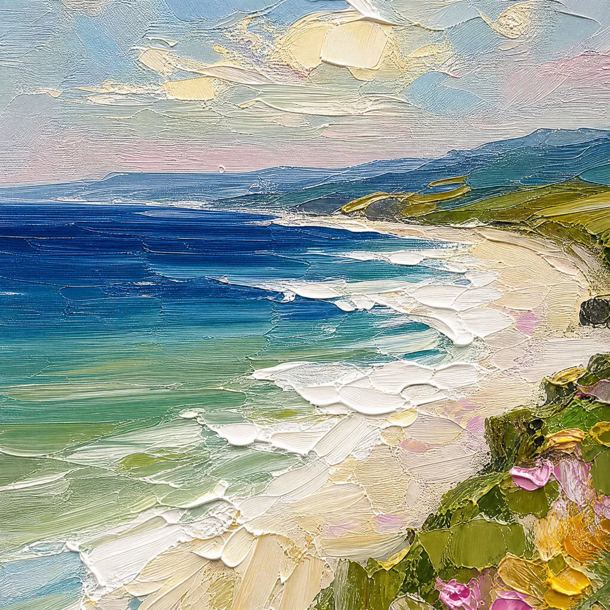 Impasto coastal bloom seascape painting with blue sea, sandy shore, cliffs and wildflowers