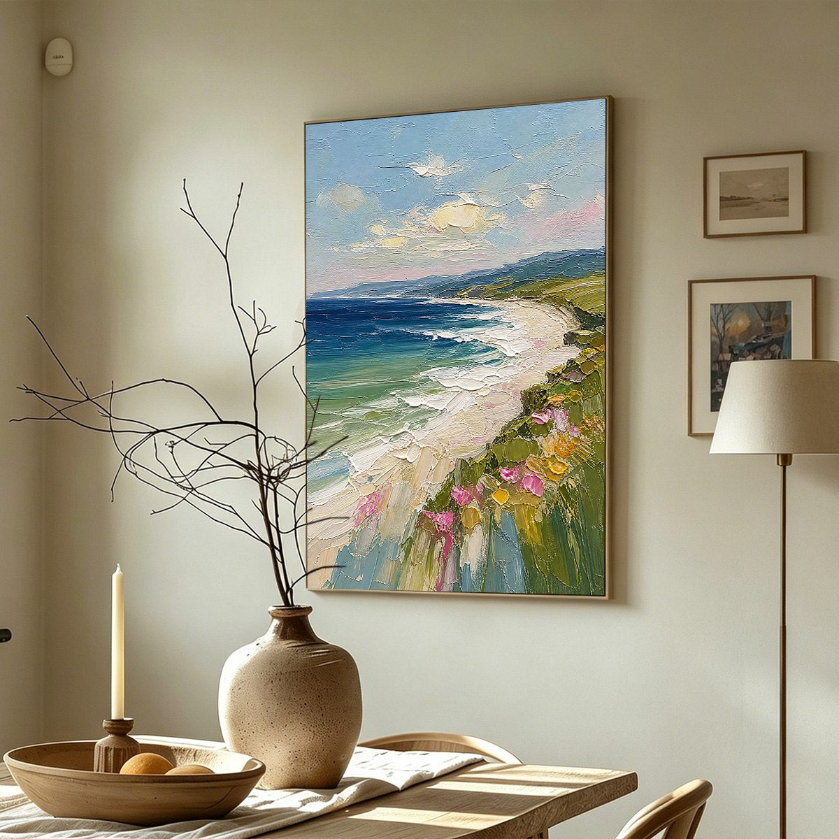 COASTAL BLOOM: Vertical Textured Seascape Painting of a Blooming Coast