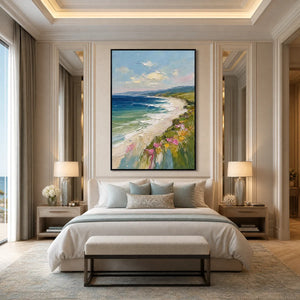 Vertical impasto seascape wall art with blue ocean, coastal cliffs, and pink flowers