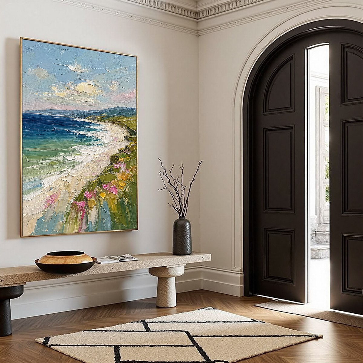 COASTAL BLOOM: Vertical Textured Seascape Painting of a Blooming Coast