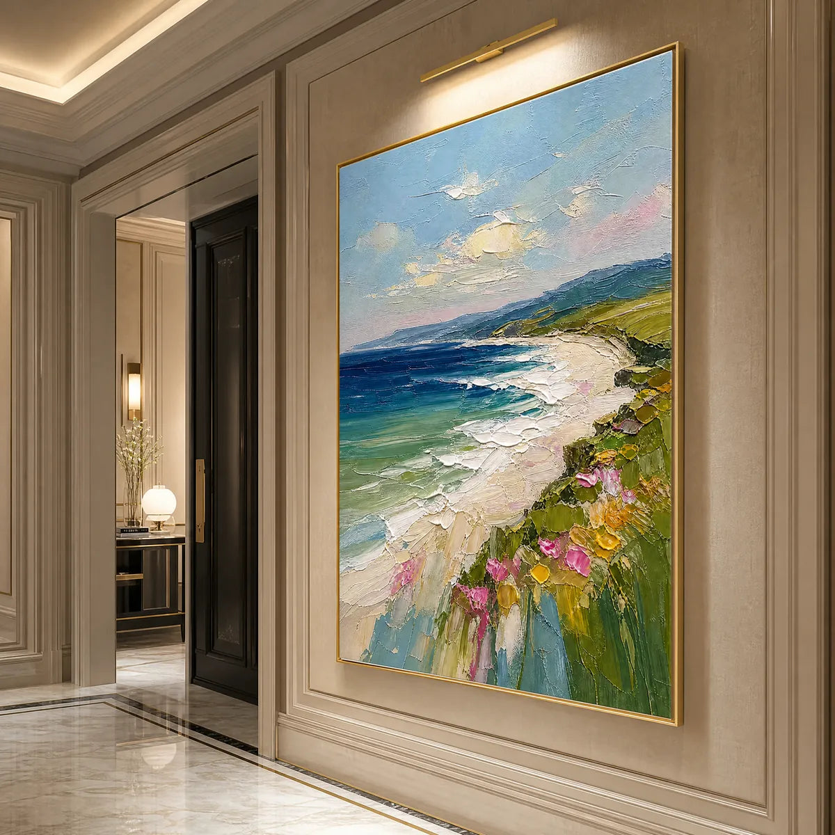 Vertical impasto coastal seascape painting with blue ocean, green cliffs and pink wildflowers