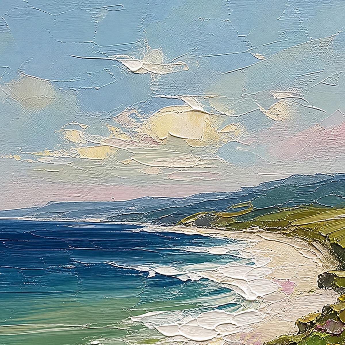 COASTAL BLOOM: Vertical Textured Seascape Painting of a Blooming Coast