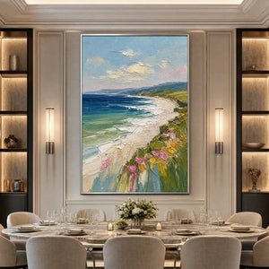 Vertical textured coastal wall art with blue sea, cliffs, and blooming wildflowers
