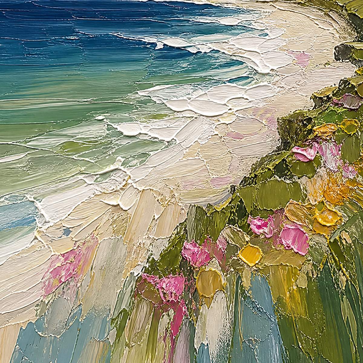 COASTAL BLOOM: Vertical Textured Seascape Painting of a Blooming Coast