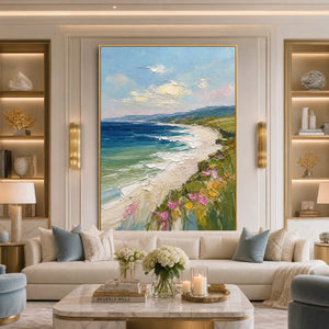 Vertical impasto seascape wall art with blooming coastal cliffs