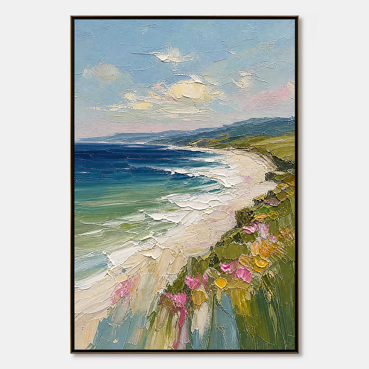 COASTAL BLOOM: Vertical Textured Seascape Painting of a Blooming Coast